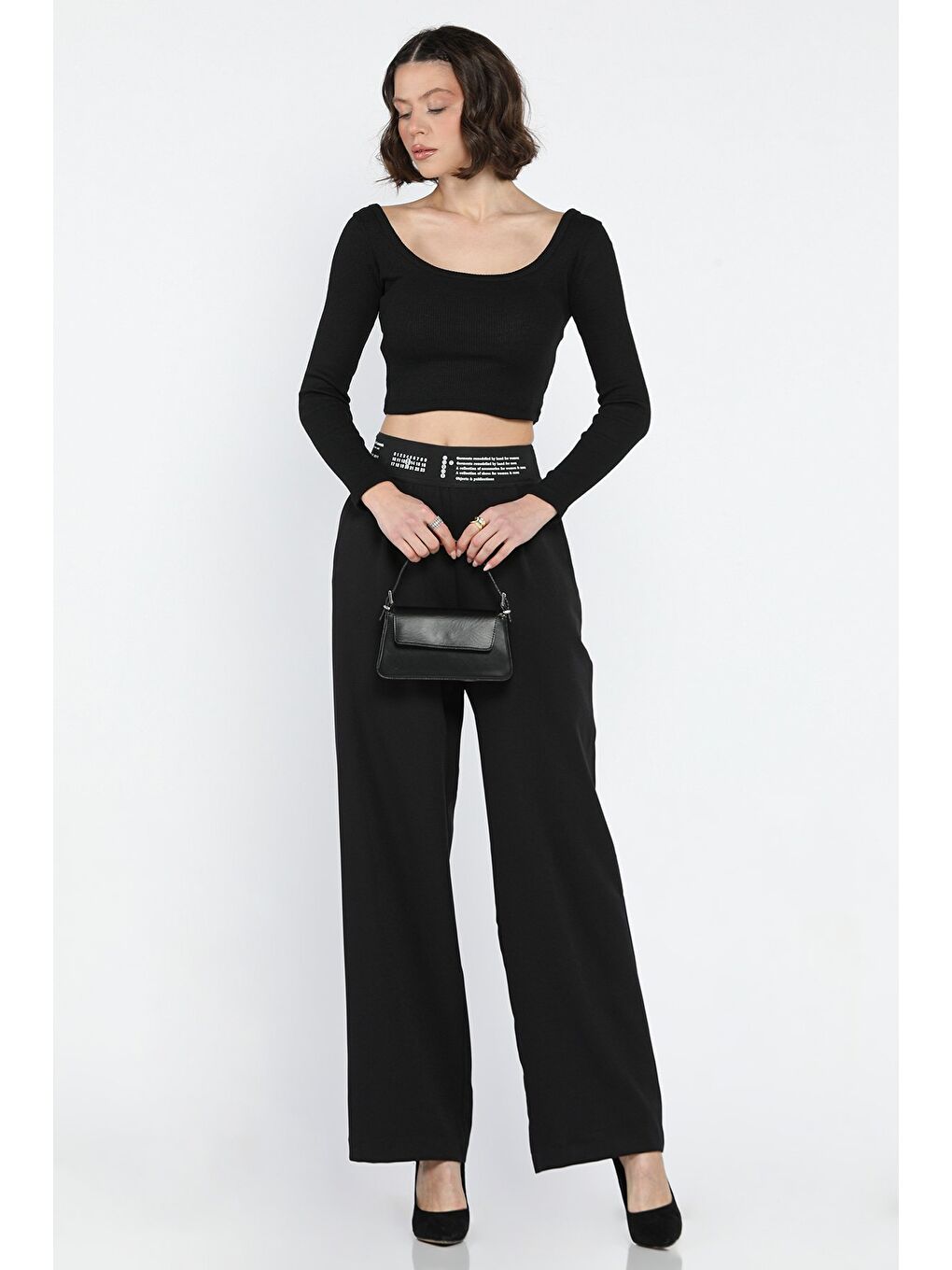 Siyah Bel Lastikli Yazı Baskılı Yüksek Bel Kadın Palazzo Pantolon