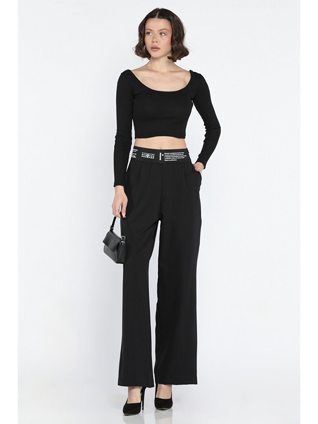 Siyah Bel Lastikli Yazı Baskılı Yüksek Bel Kadın Palazzo Pantolon-1