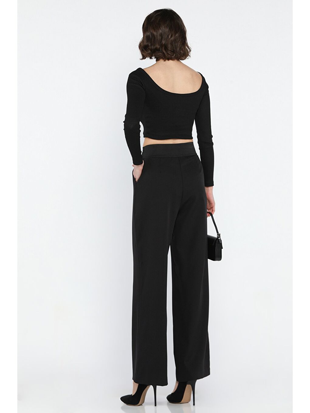 Siyah Bel Lastikli Yazı Baskılı Yüksek Bel Kadın Palazzo Pantolon-2