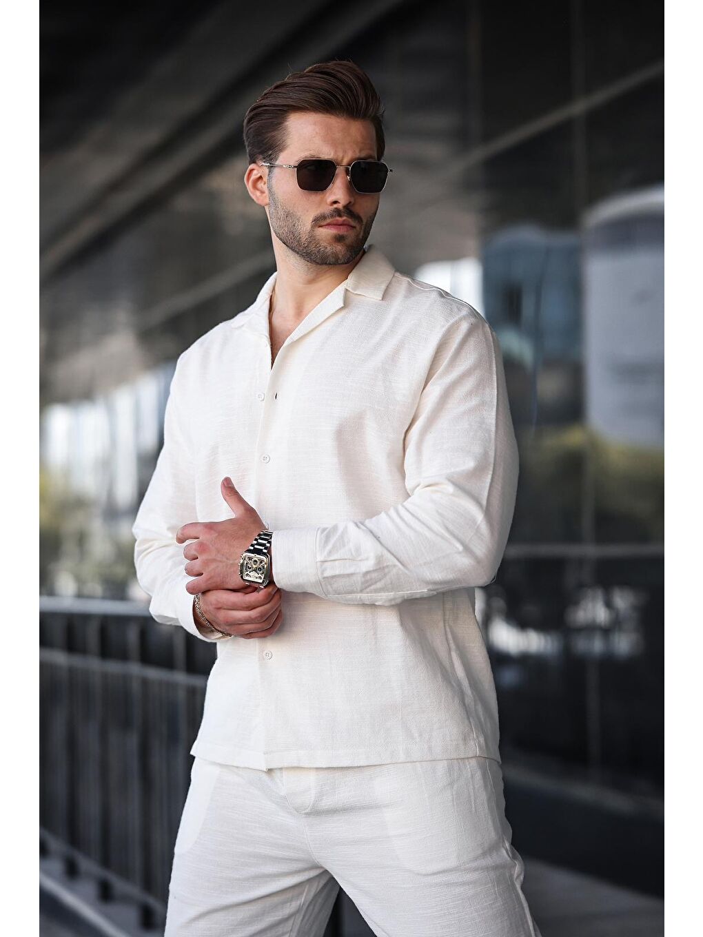 Beyaz Rahat Kesim Erkek Keten Gömlek Pantolon %100 Pamuk Takım E7327-1