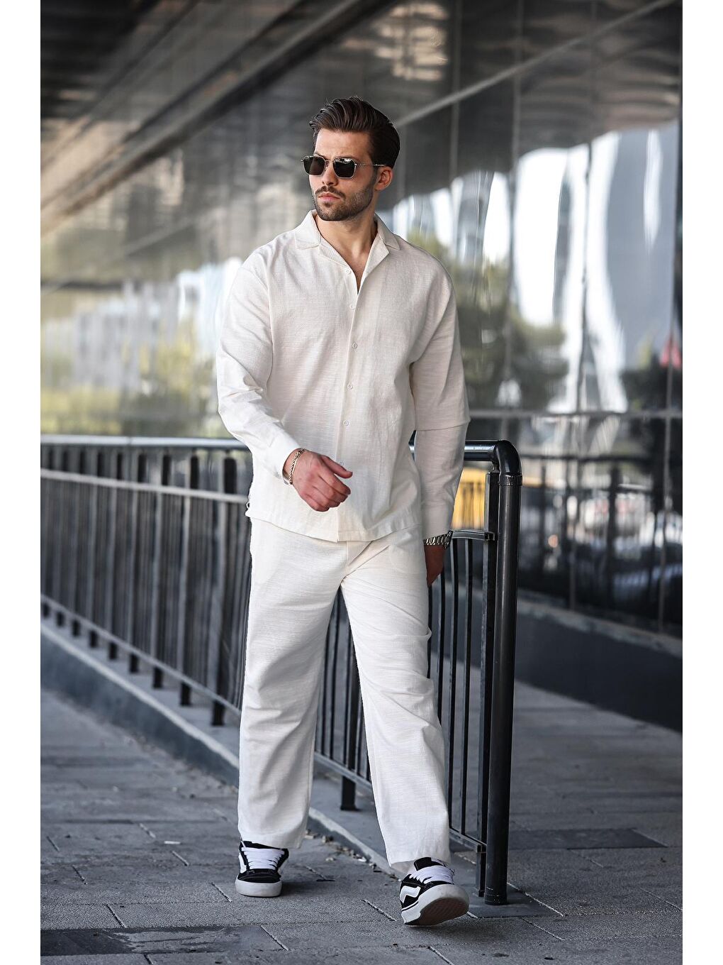 Beyaz Rahat Kesim Erkek Keten Gömlek Pantolon %100 Pamuk Takım E7327-2