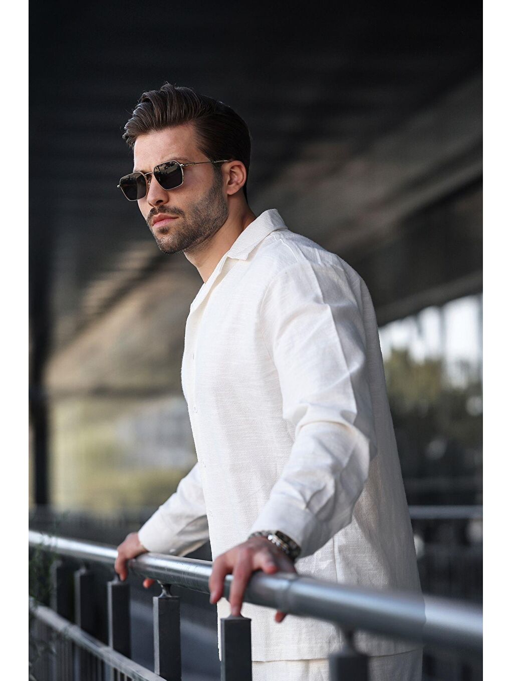 Beyaz Rahat Kesim Erkek Keten Gömlek Pantolon %100 Pamuk Takım E7327-3