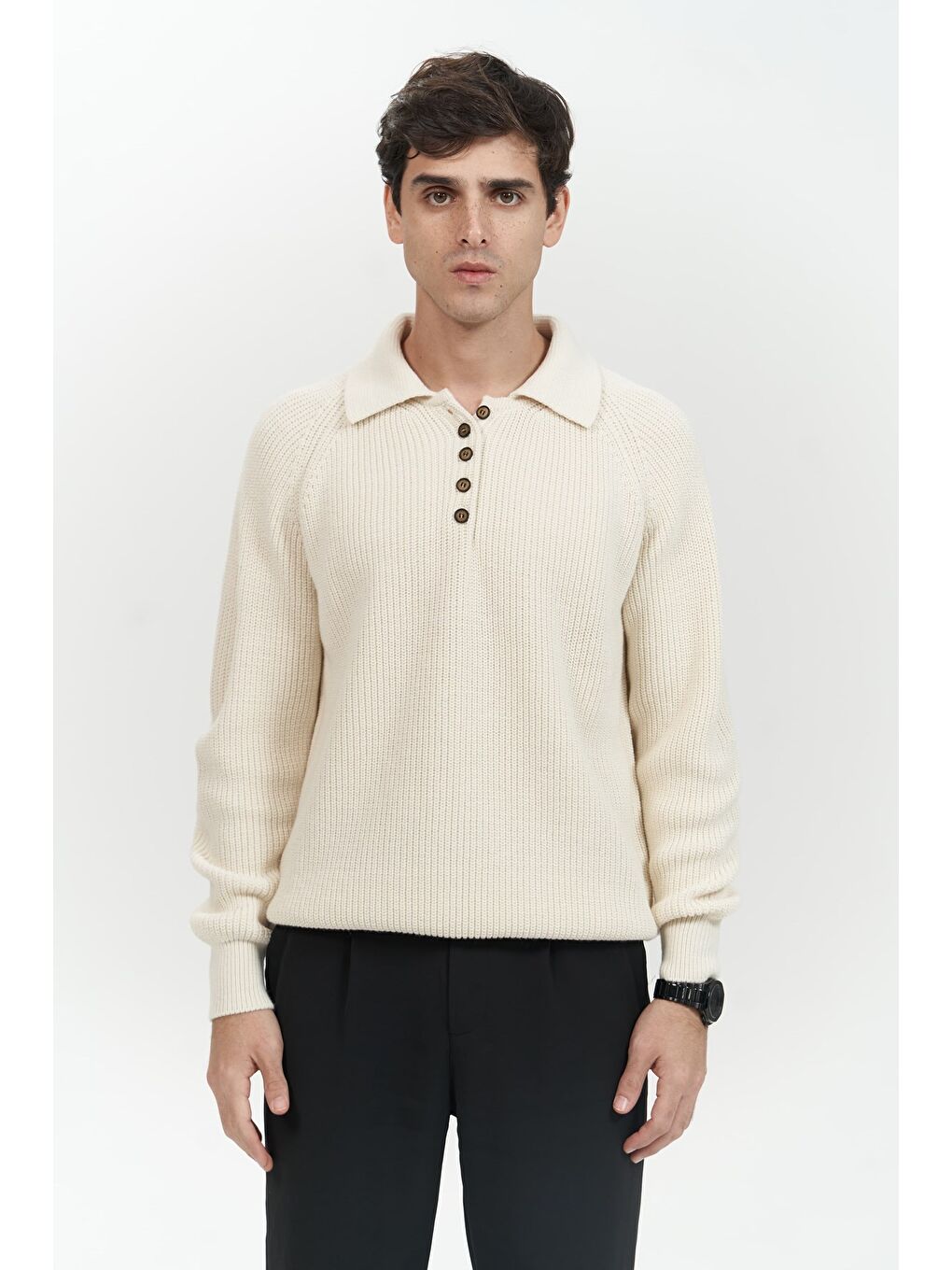 Vander Düğme Detay Ekru Erkek Triko Kazak-1