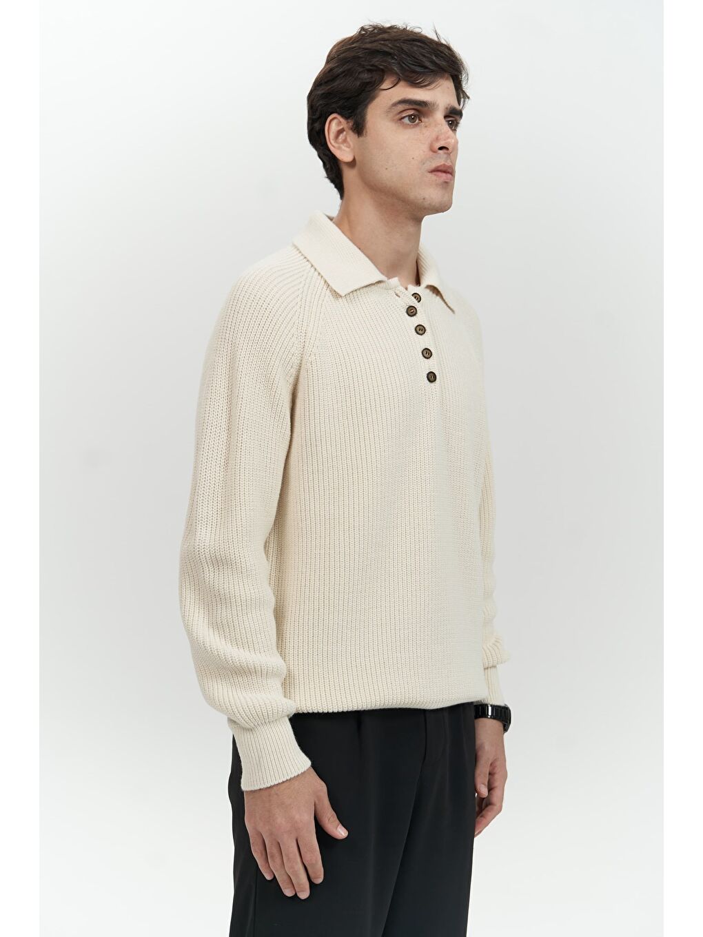 Vander Düğme Detay Ekru Erkek Triko Kazak-2