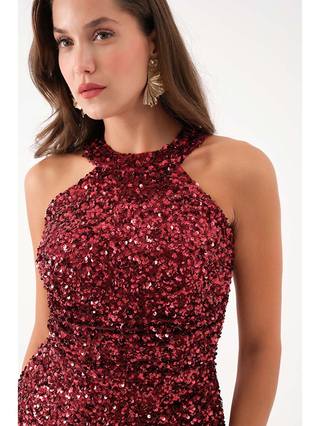 Kadın Bordo Halter Yaka Payetli Abiye Elbise-2
