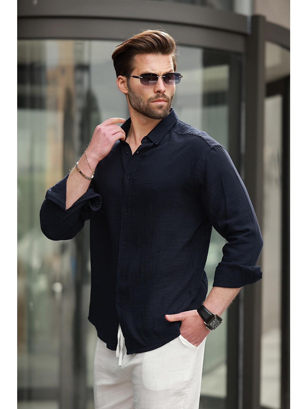 Lacivert Basic %100 Pamuklu Uzun Kollu Erkek Gömlek E6761