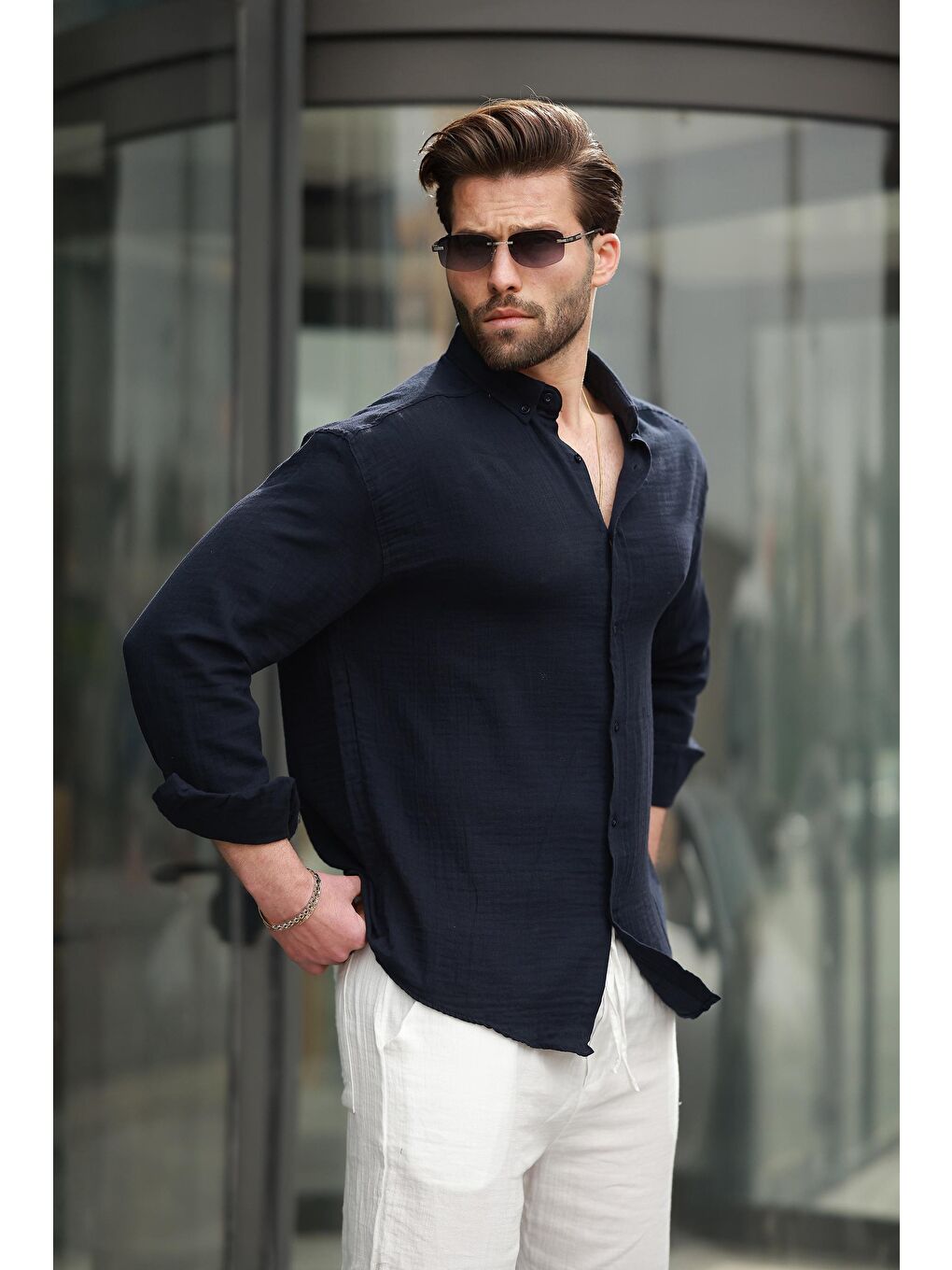 Lacivert Basic %100 Pamuklu Uzun Kollu Erkek Gömlek E6761-1