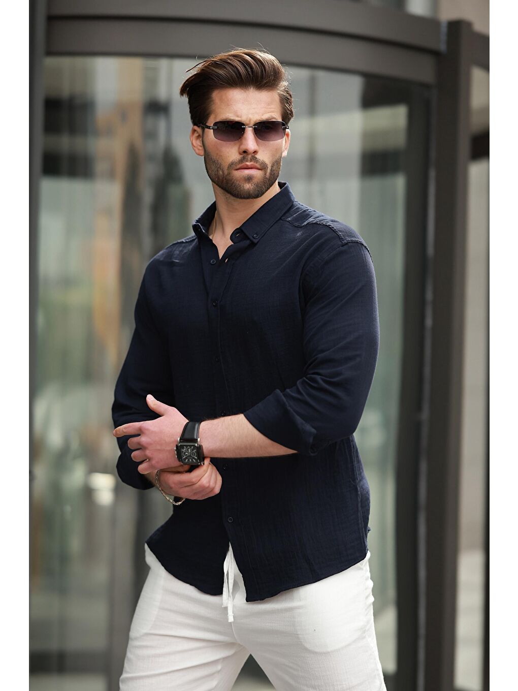 Lacivert Basic %100 Pamuklu Uzun Kollu Erkek Gömlek E6761-2