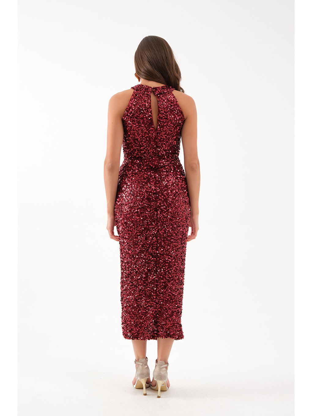 Kadın Bordo Halter Yaka Payetli Abiye Elbise-4