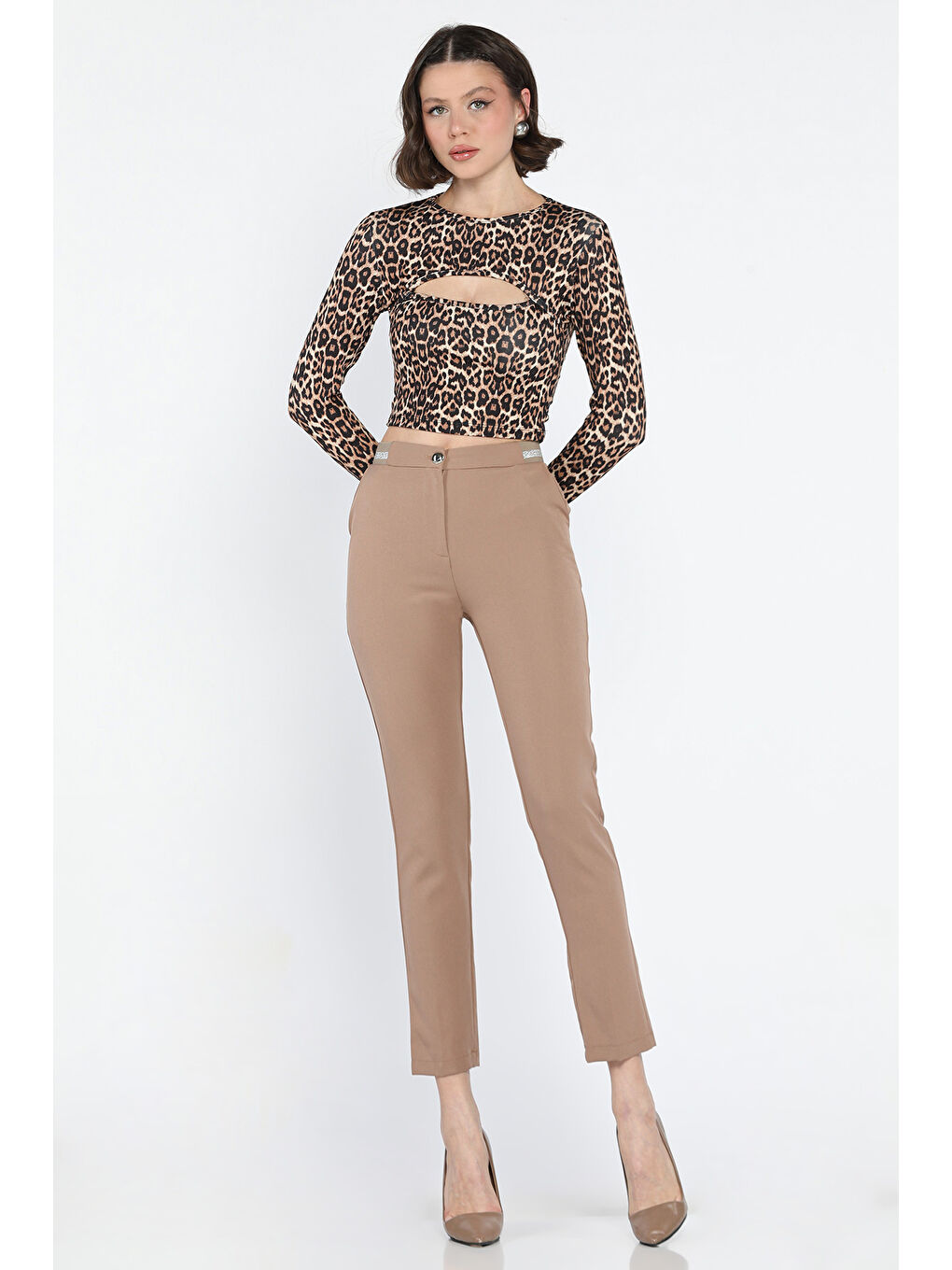 Bej Bel Lastikli Kadın Kumaş Pantolon