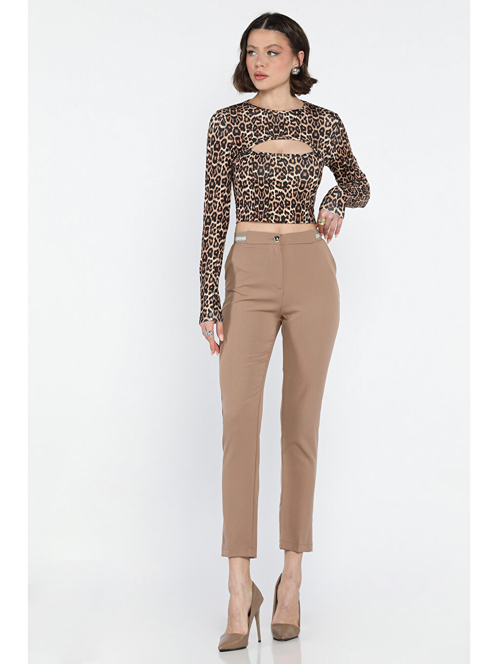 Bej Bel Lastikli Kadın Kumaş Pantolon-1