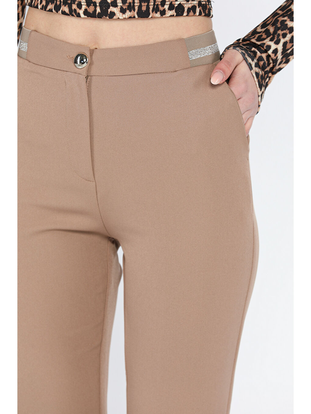 Bej Bel Lastikli Kadın Kumaş Pantolon-3