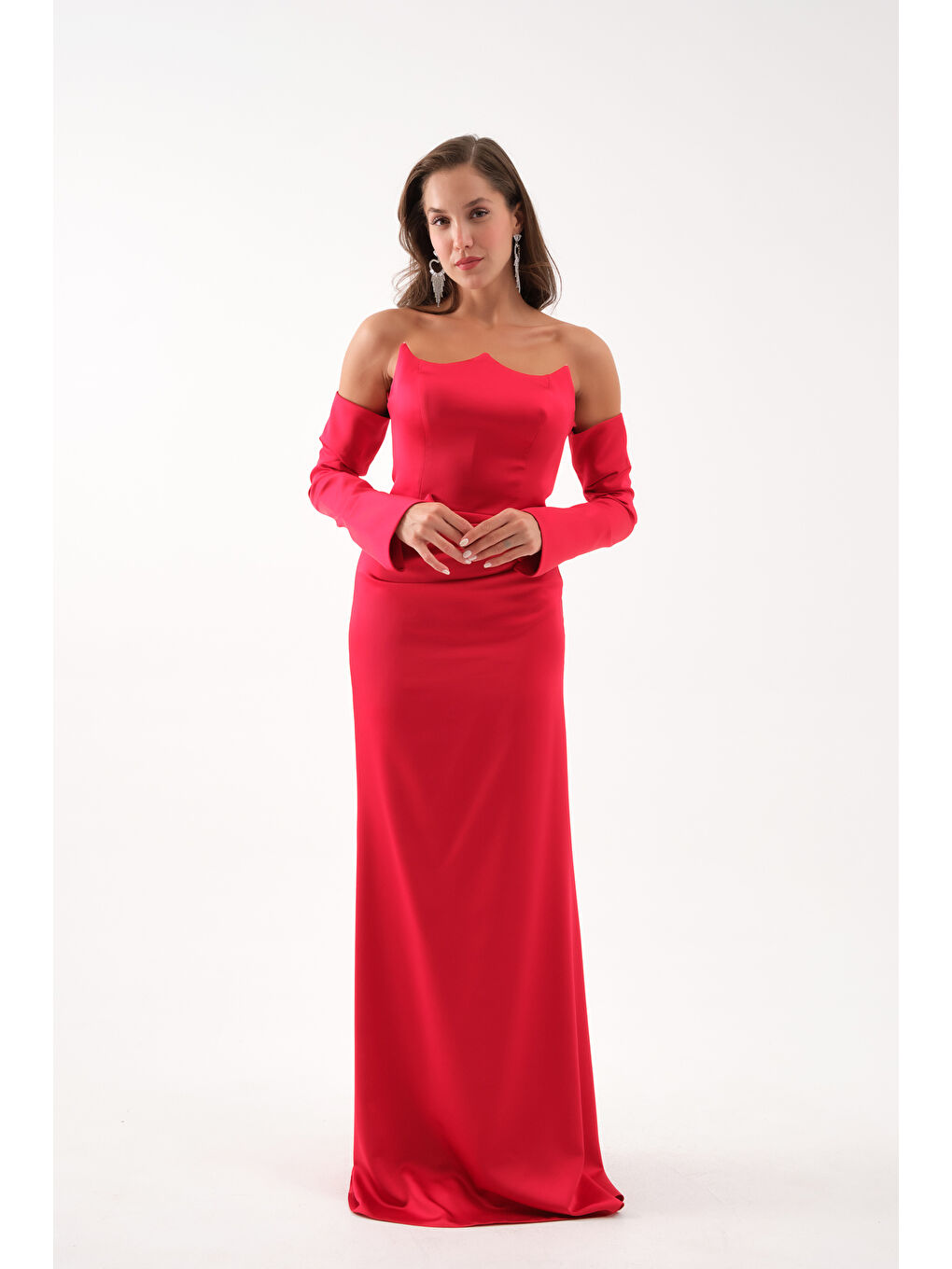 Kadın Kırmızı Kol Detay Uzun Saten Balık Abiye Elbise-1