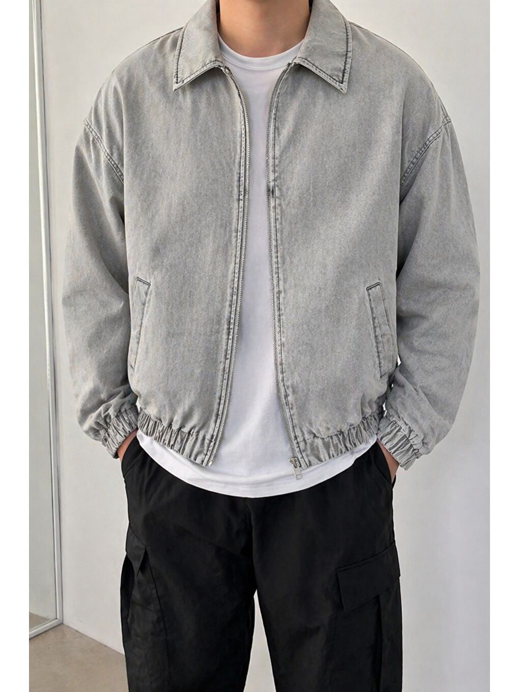 Gri Erkek Oversize Bomber Ceket Fermuarlı Basic Günlük Mont