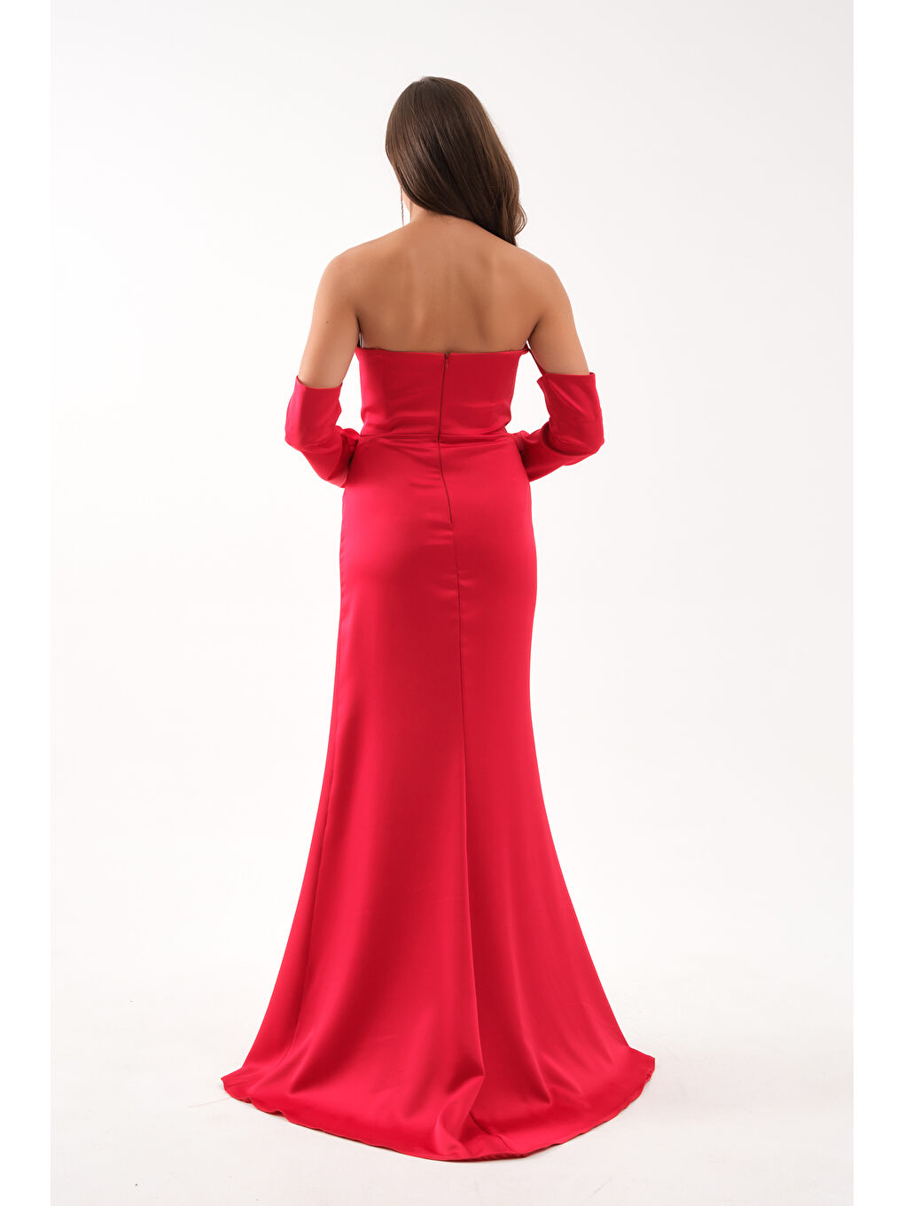 Kadın Kırmızı Kol Detay Uzun Saten Balık Abiye Elbise-4