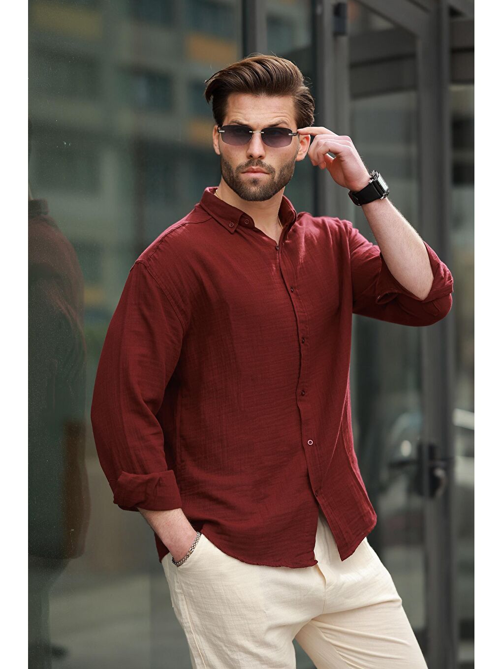Bordo Basic %100 Pamuklu Uzun Kollu Erkek Gömlek E6761-1