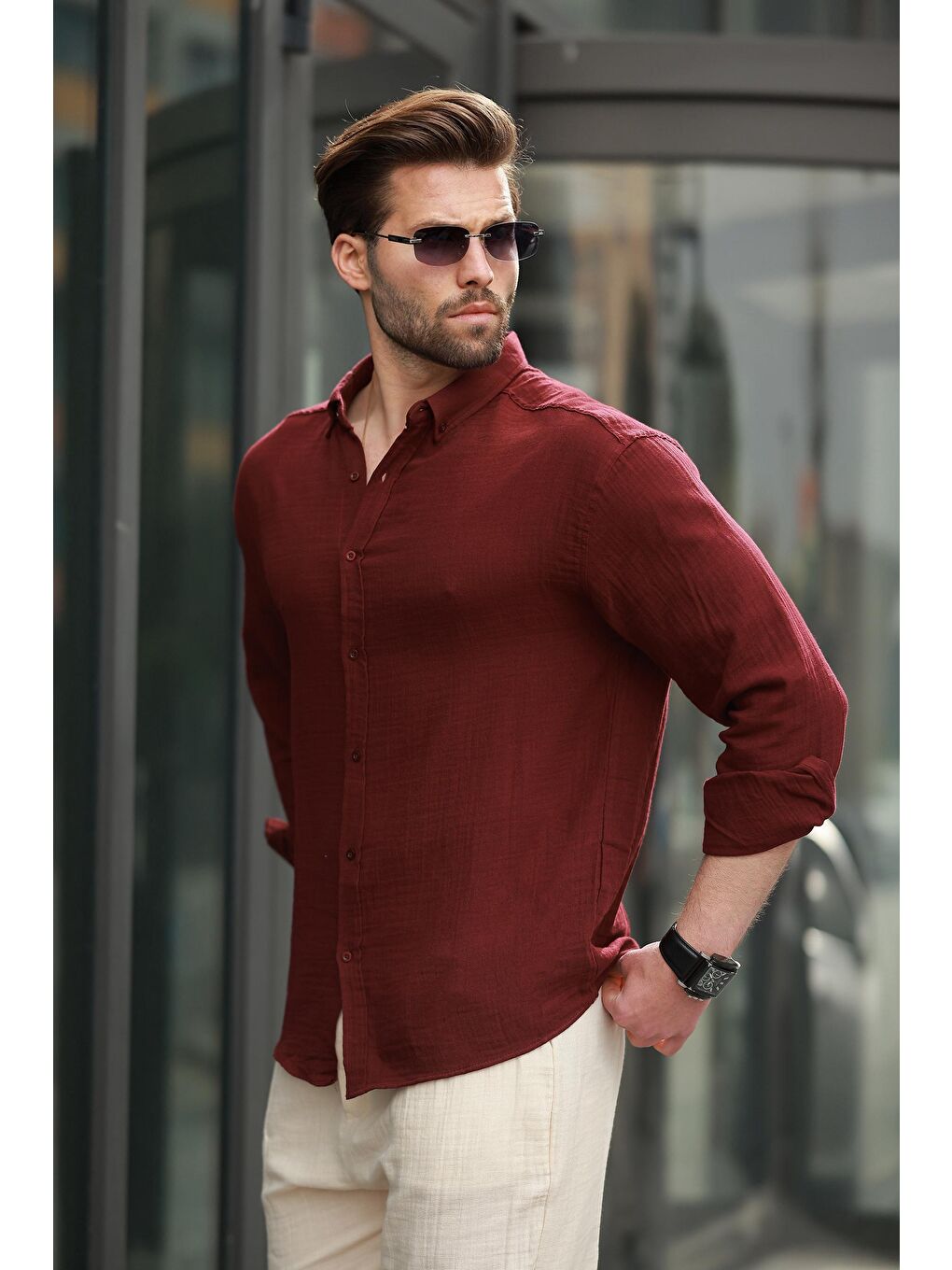 Bordo Basic %100 Pamuklu Uzun Kollu Erkek Gömlek E6761-2