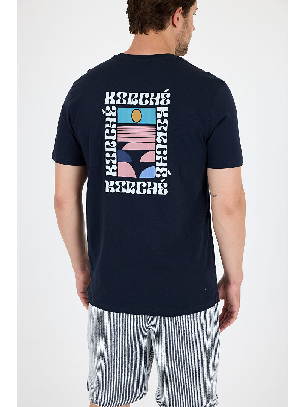 Lacivert Erkek %100 Pamuk Bisiklet Yaka Kısa Kollu Baskılı Tişört Rahat ve Günlük Tişört 0005-4