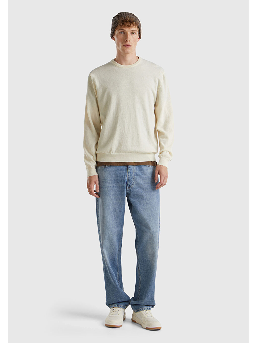 Ekru Erkek Krem %100 Merino Bisiklet Yaka Kazak-2