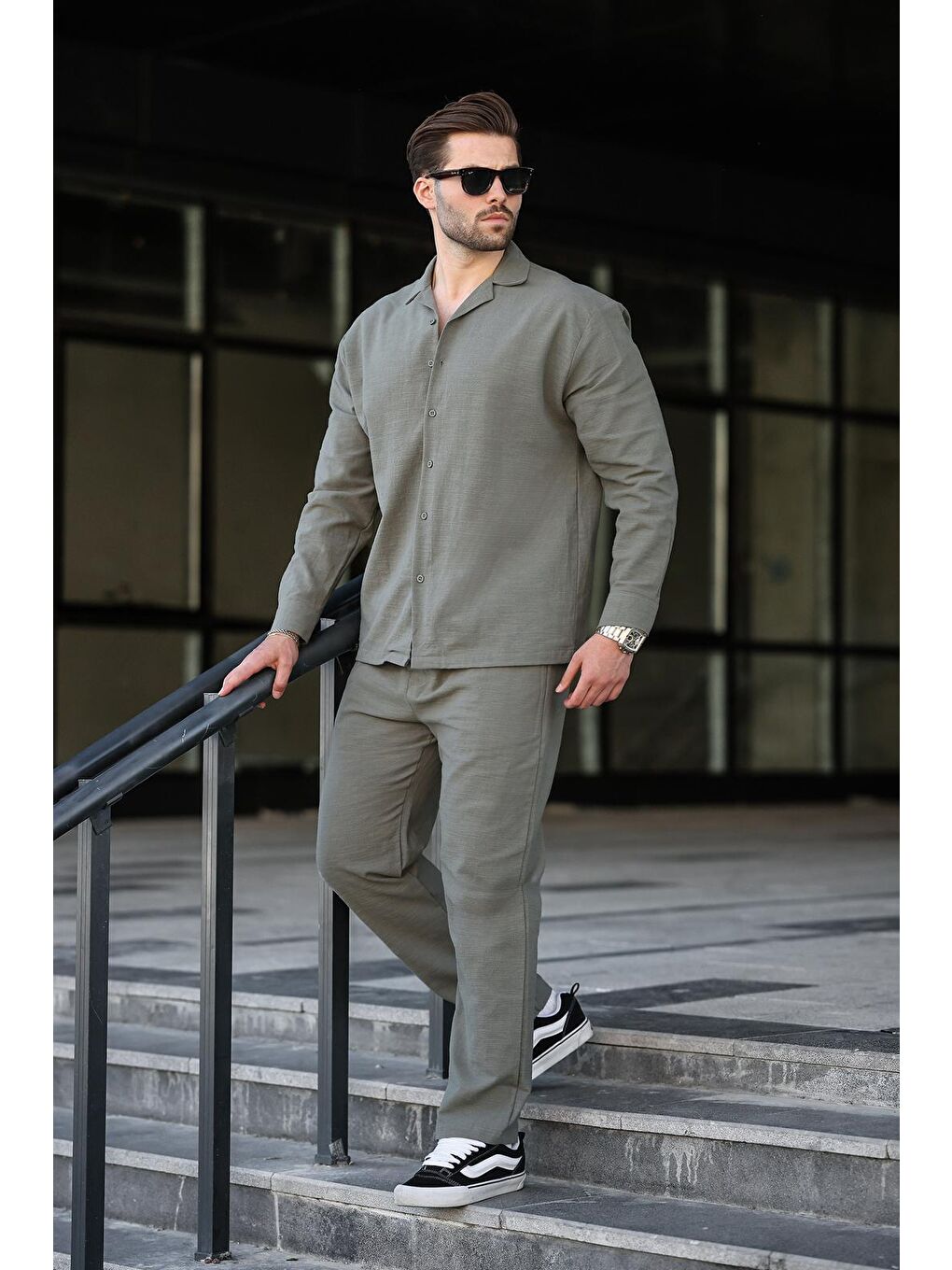 Haki Rahat Kesim Erkek Keten Gömlek Pantolon %100 Pamuk Takım E7327