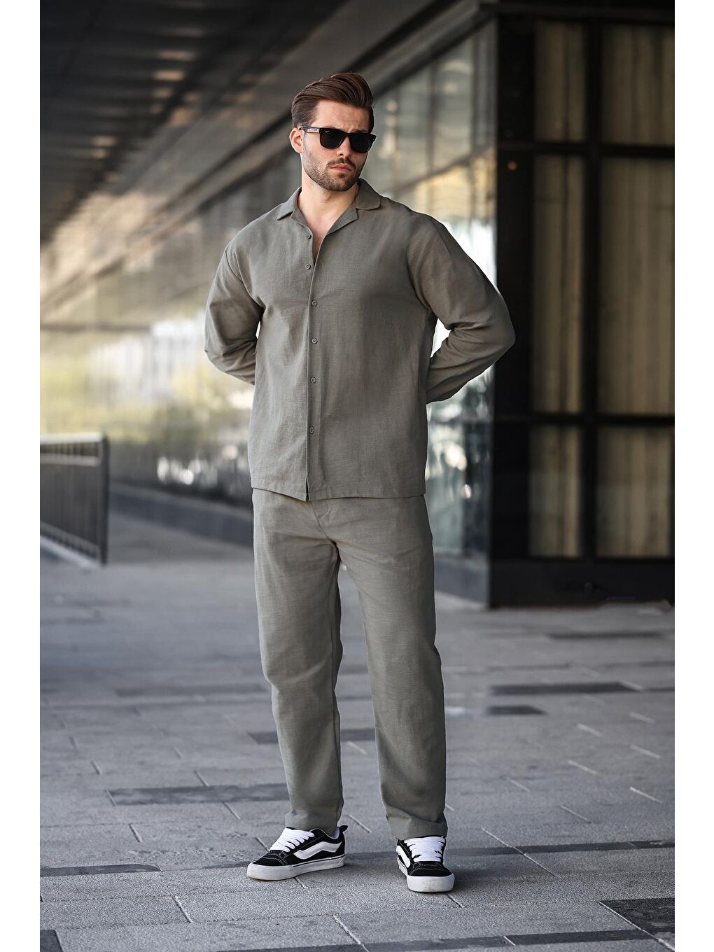 Haki Rahat Kesim Erkek Keten Gömlek Pantolon %100 Pamuk Takım E7327-1