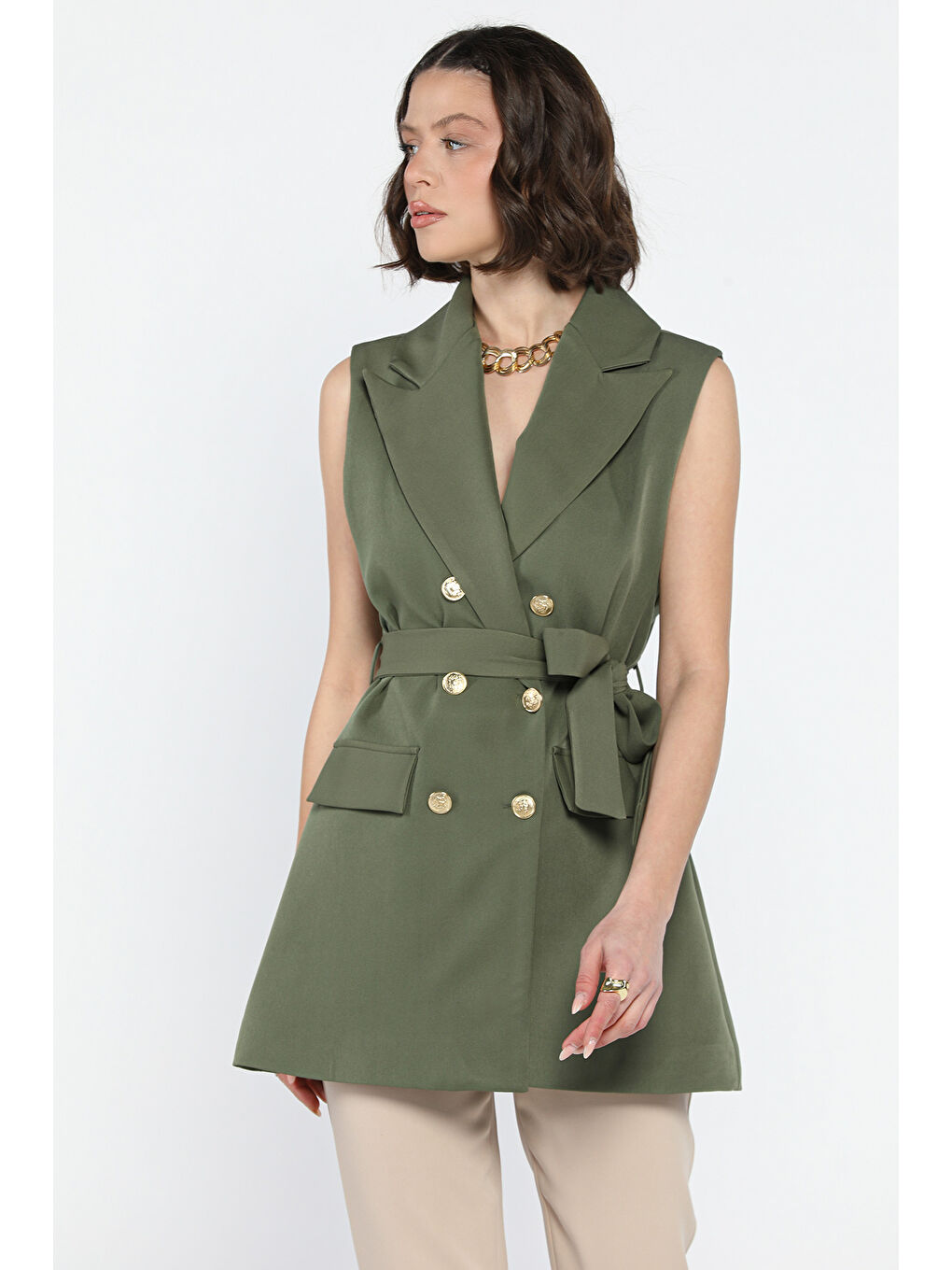 Haki Bel Kuşaklı Kadın Yelek-1