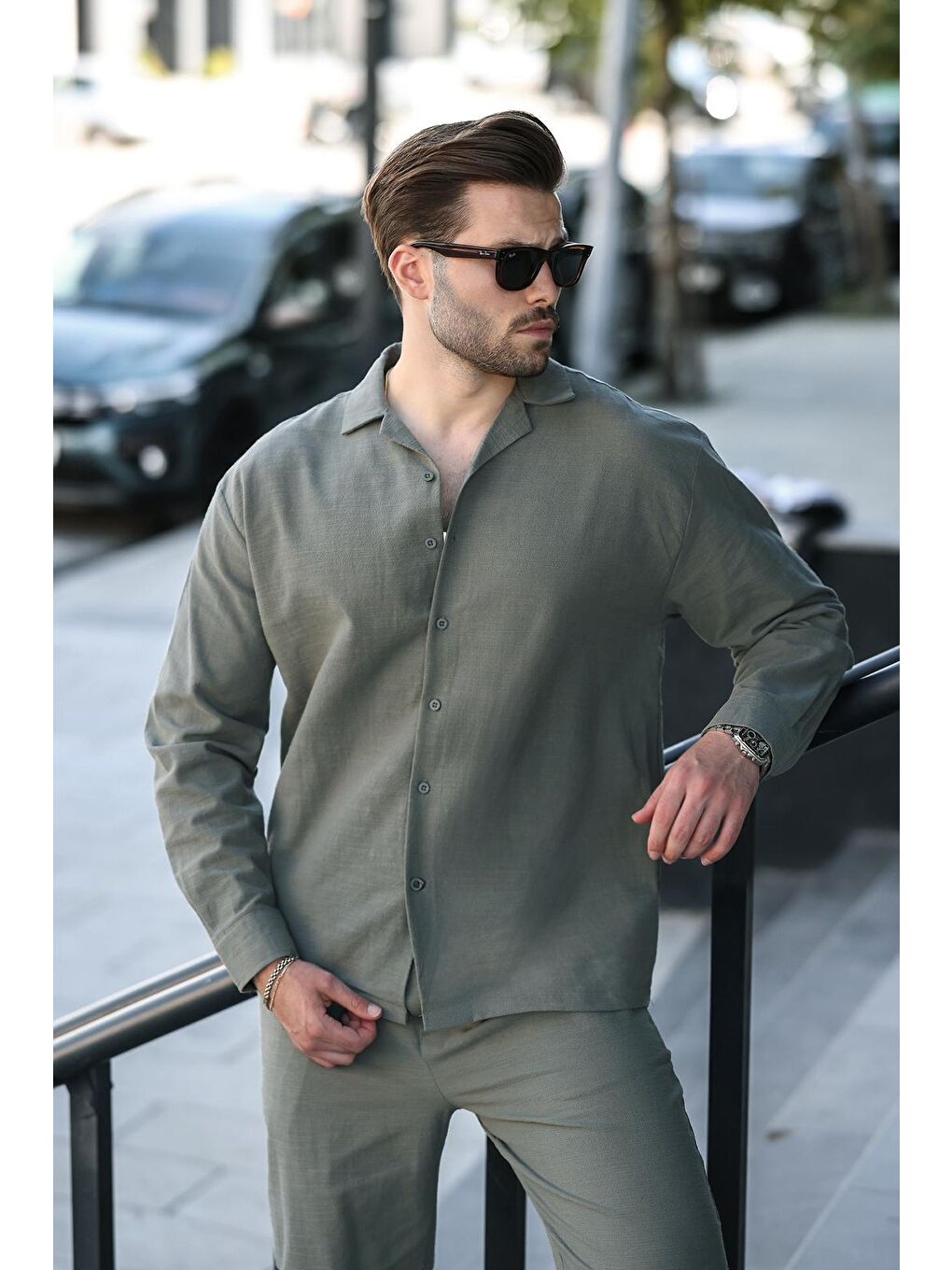 Haki Rahat Kesim Erkek Keten Gömlek Pantolon %100 Pamuk Takım E7327-2