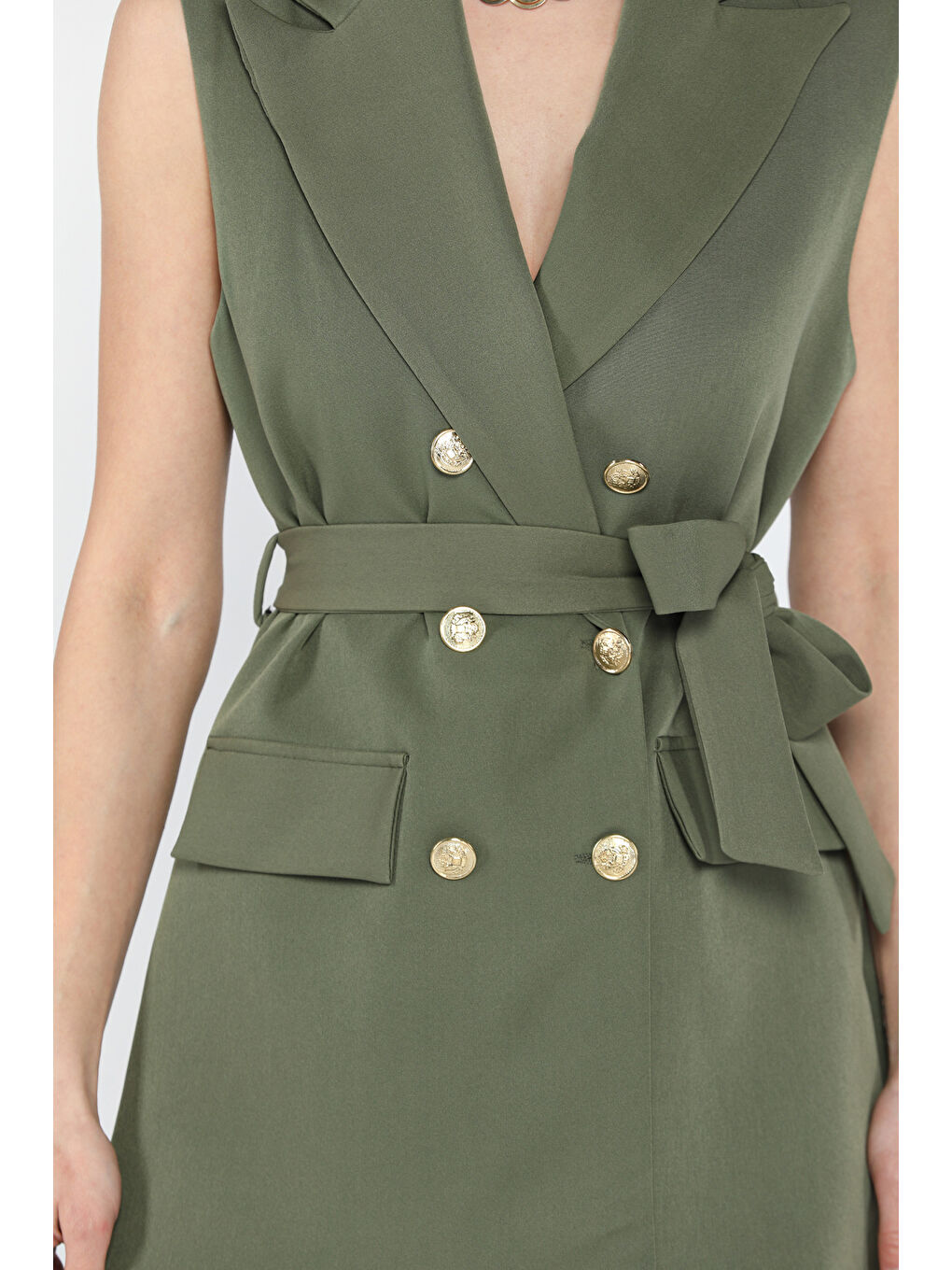 Haki Bel Kuşaklı Kadın Yelek-2