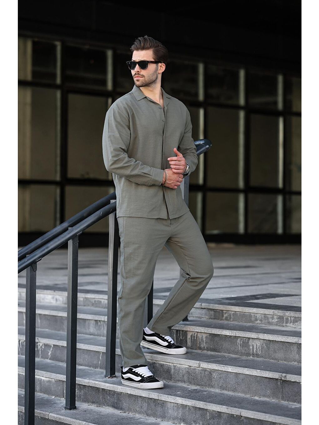 Haki Rahat Kesim Erkek Keten Gömlek Pantolon %100 Pamuk Takım E7327-3