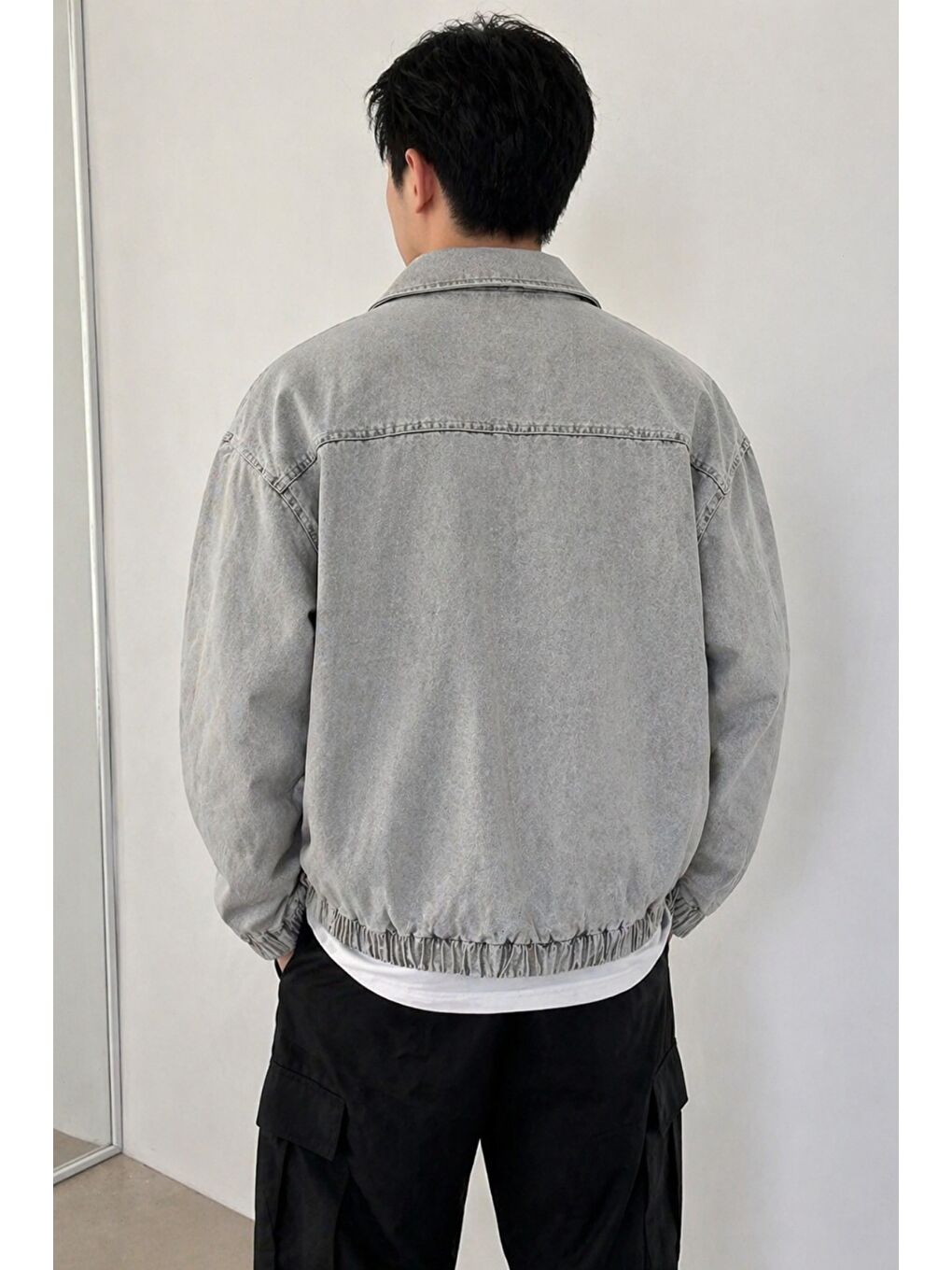 Gri Erkek Oversize Bomber Ceket Fermuarlı Basic Günlük Mont-1