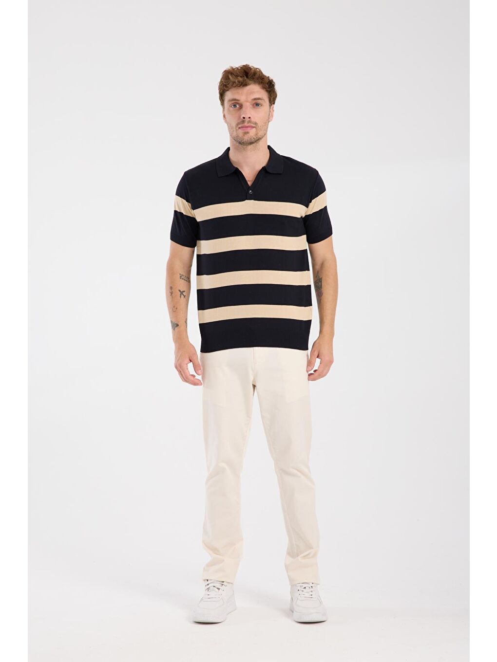 Aclub Bravo Örme Kumaş Viskon Karışımlı Slim Fit Lacivert Polo Yaka Erkek Çizgili Polo Shirt