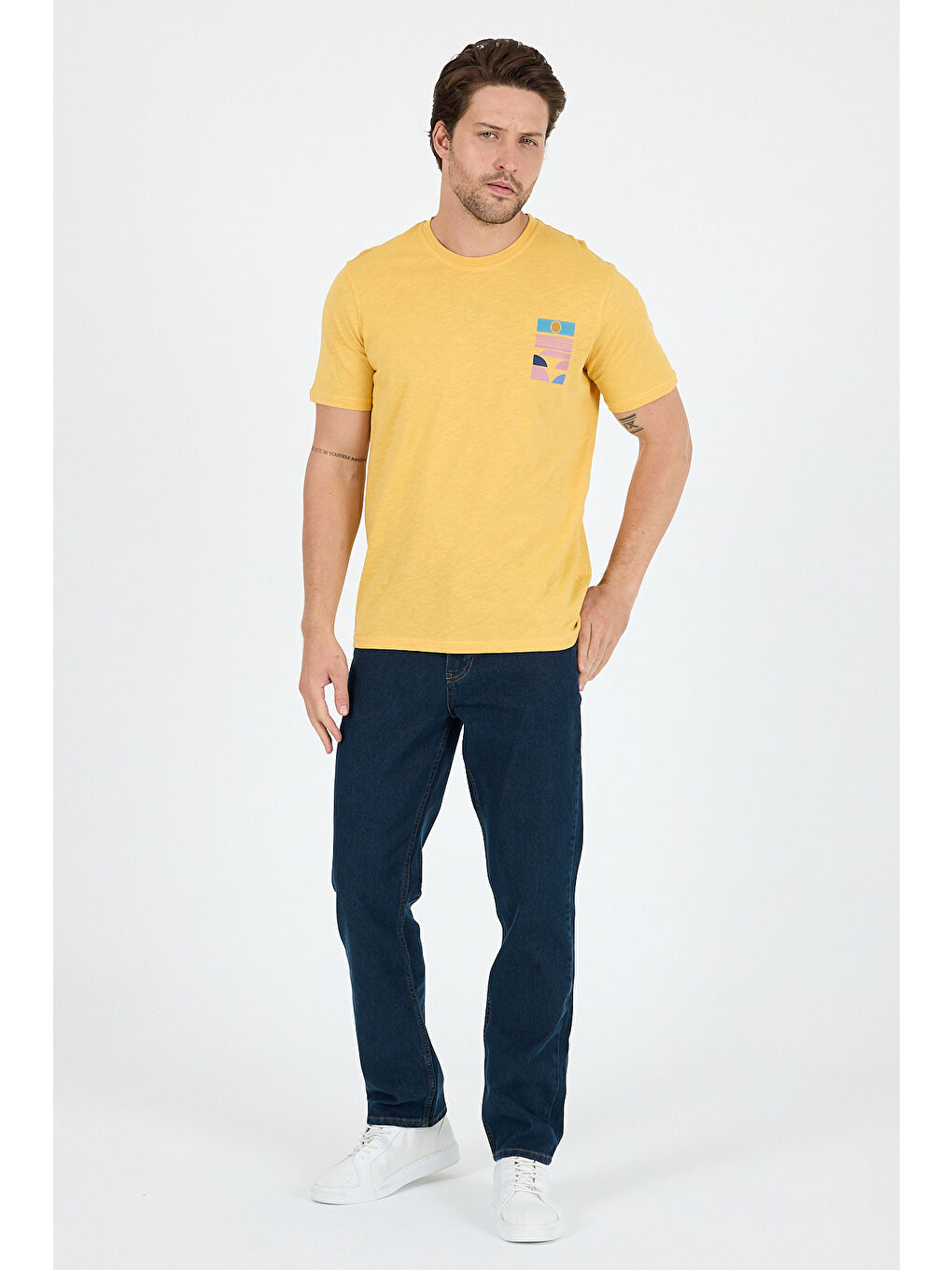 Sarı Erkek %100 Pamuk Bisiklet Yaka Kısa Kollu Baskılı Tişört Rahat ve Günlük Tişört 0005-2