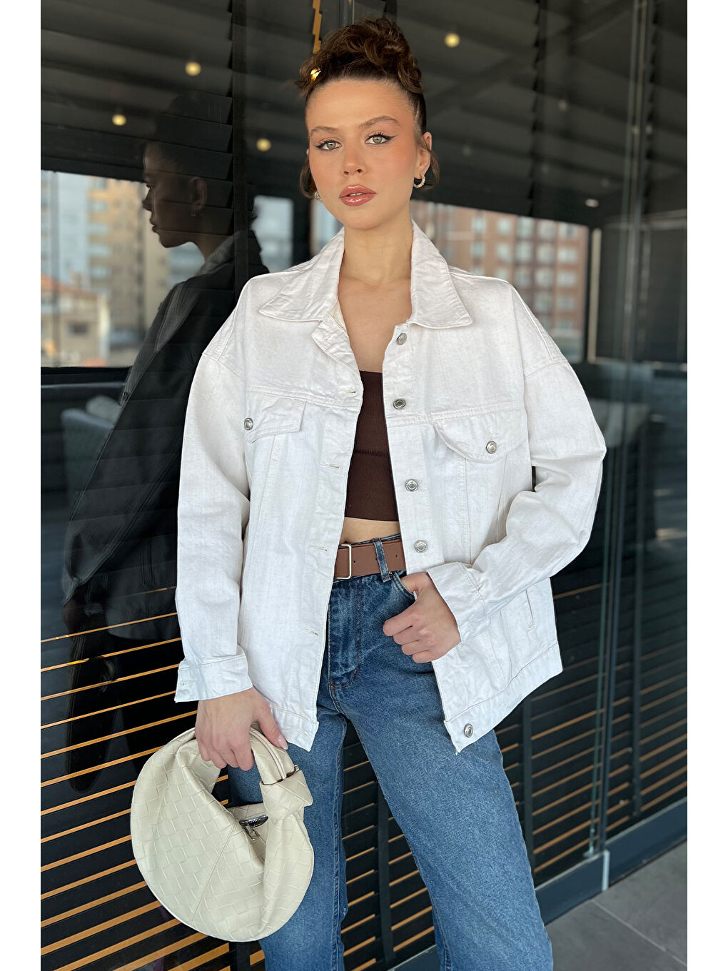 Bej Oversize Kadın Jean Ceket