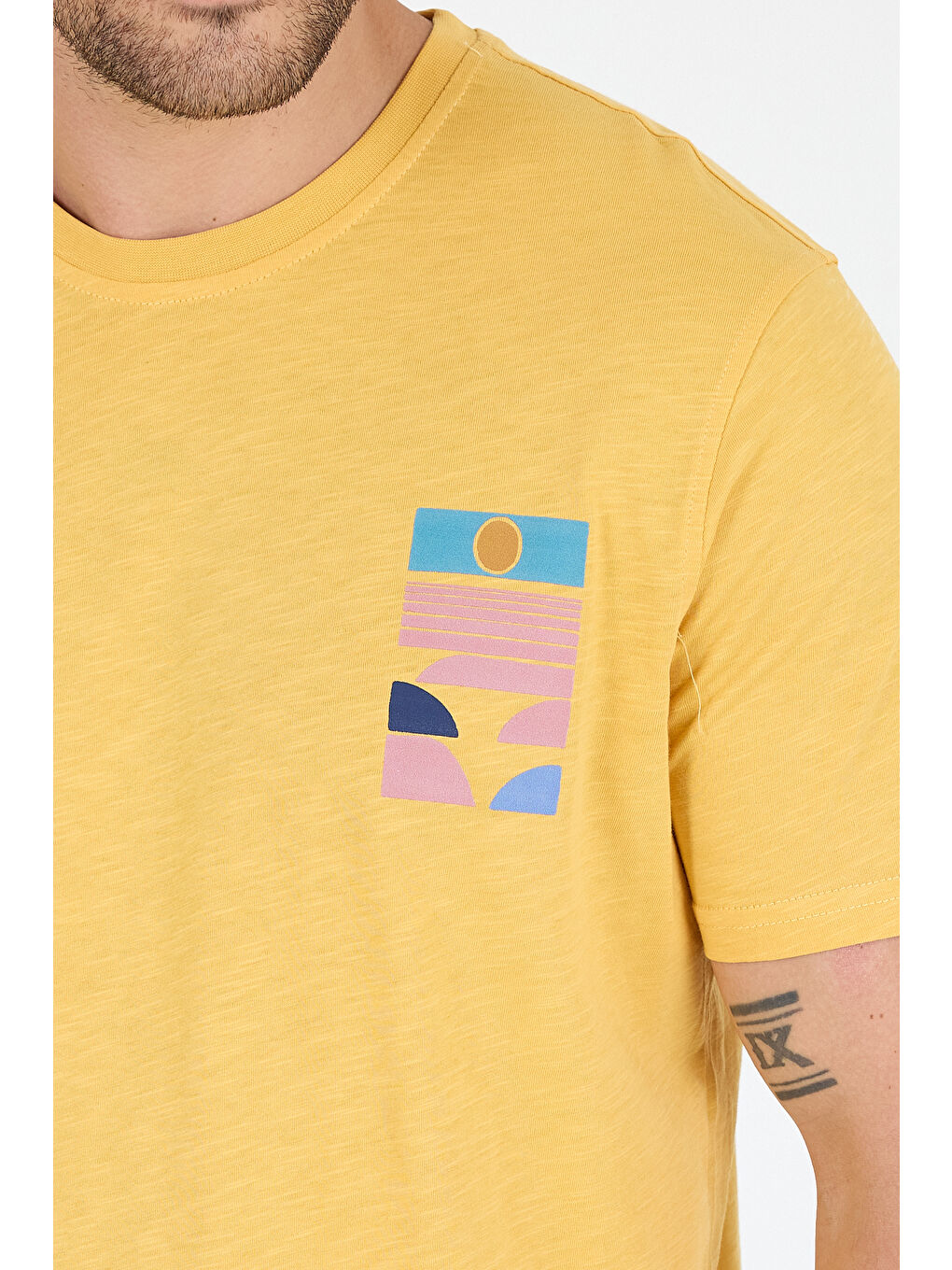 Sarı Erkek %100 Pamuk Bisiklet Yaka Kısa Kollu Baskılı Tişört Rahat ve Günlük Tişört 0005-3