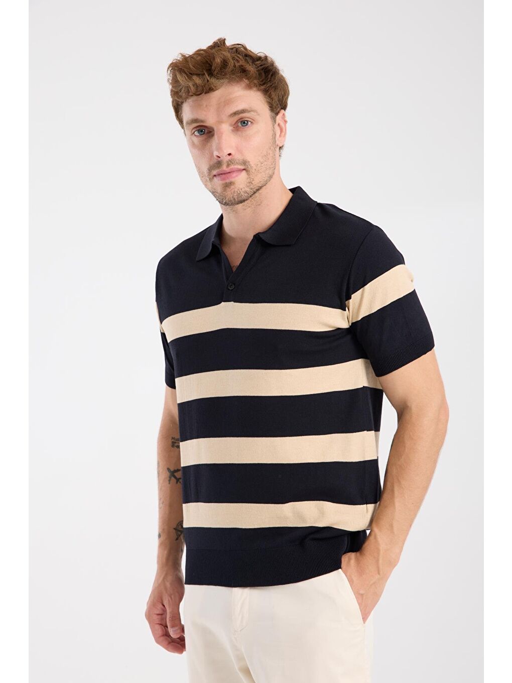 Aclub Bravo Örme Kumaş Viskon Karışımlı Slim Fit Lacivert Polo Yaka Erkek Çizgili Polo Shirt-2