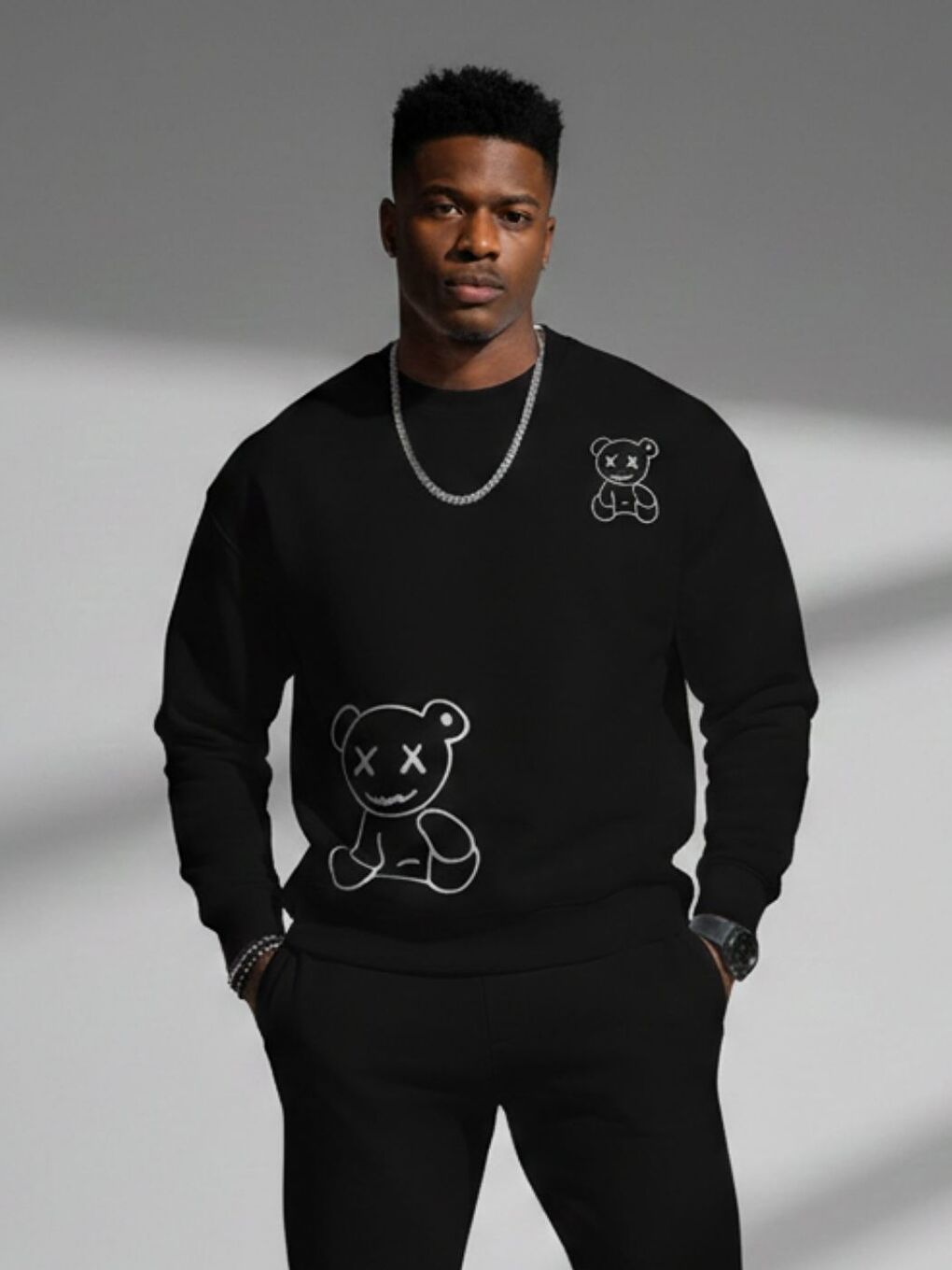 Erkek Siyah Xbear Yarım Baskılı Oversize Bisiklet Yaka Uzun Kollu Sweatshirt