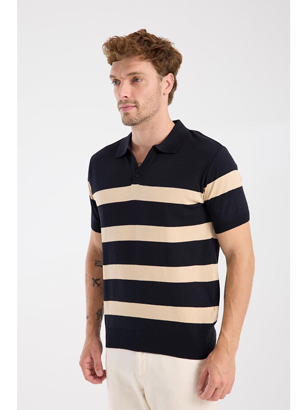 Aclub Bravo Örme Kumaş Viskon Karışımlı Slim Fit Lacivert Polo Yaka Erkek Çizgili Polo Shirt-3