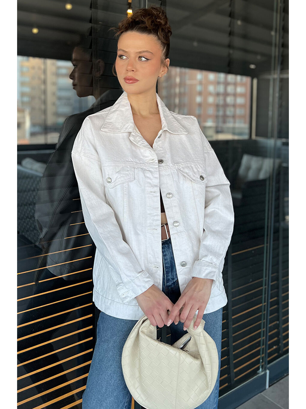 Bej Oversize Kadın Jean Ceket-1