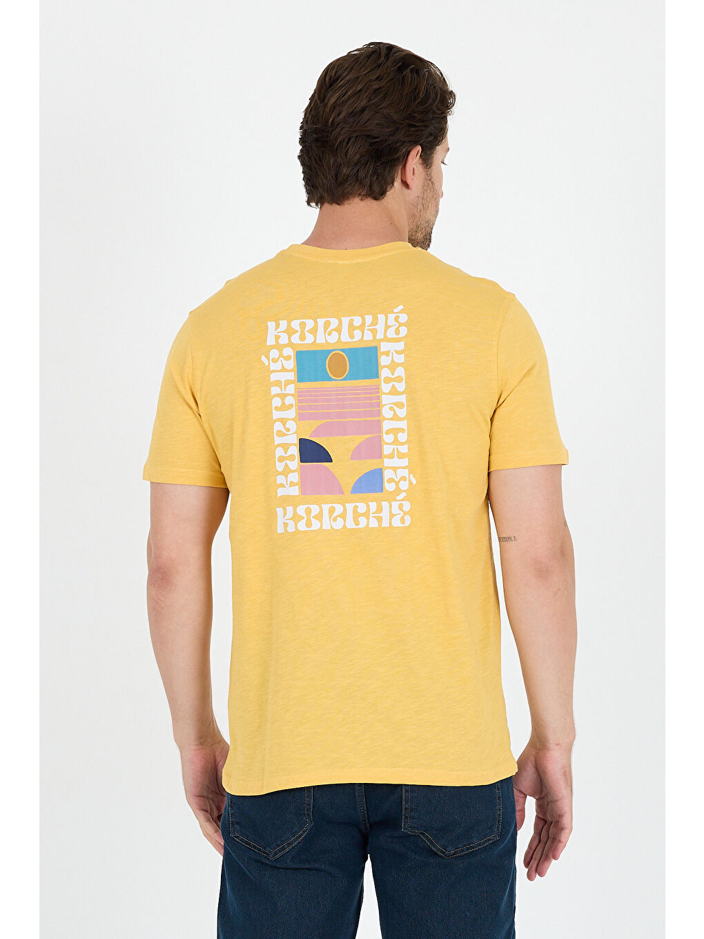 Sarı Erkek %100 Pamuk Bisiklet Yaka Kısa Kollu Baskılı Tişört Rahat ve Günlük Tişört 0005-4