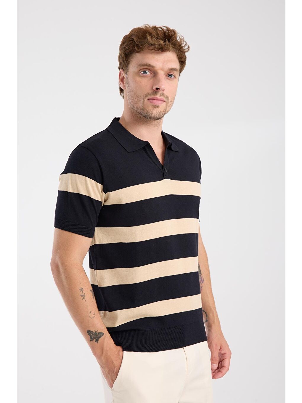 Aclub Bravo Örme Kumaş Viskon Karışımlı Slim Fit Lacivert Polo Yaka Erkek Çizgili Polo Shirt-4