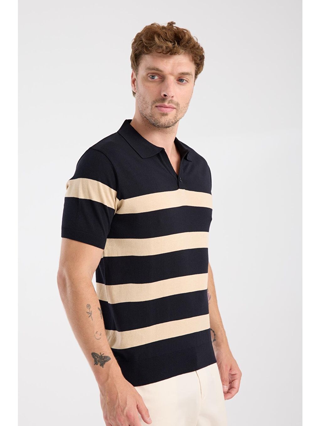 Aclub Bravo Örme Kumaş Viskon Karışımlı Slim Fit Lacivert Polo Yaka Erkek Çizgili Polo Shirt-5