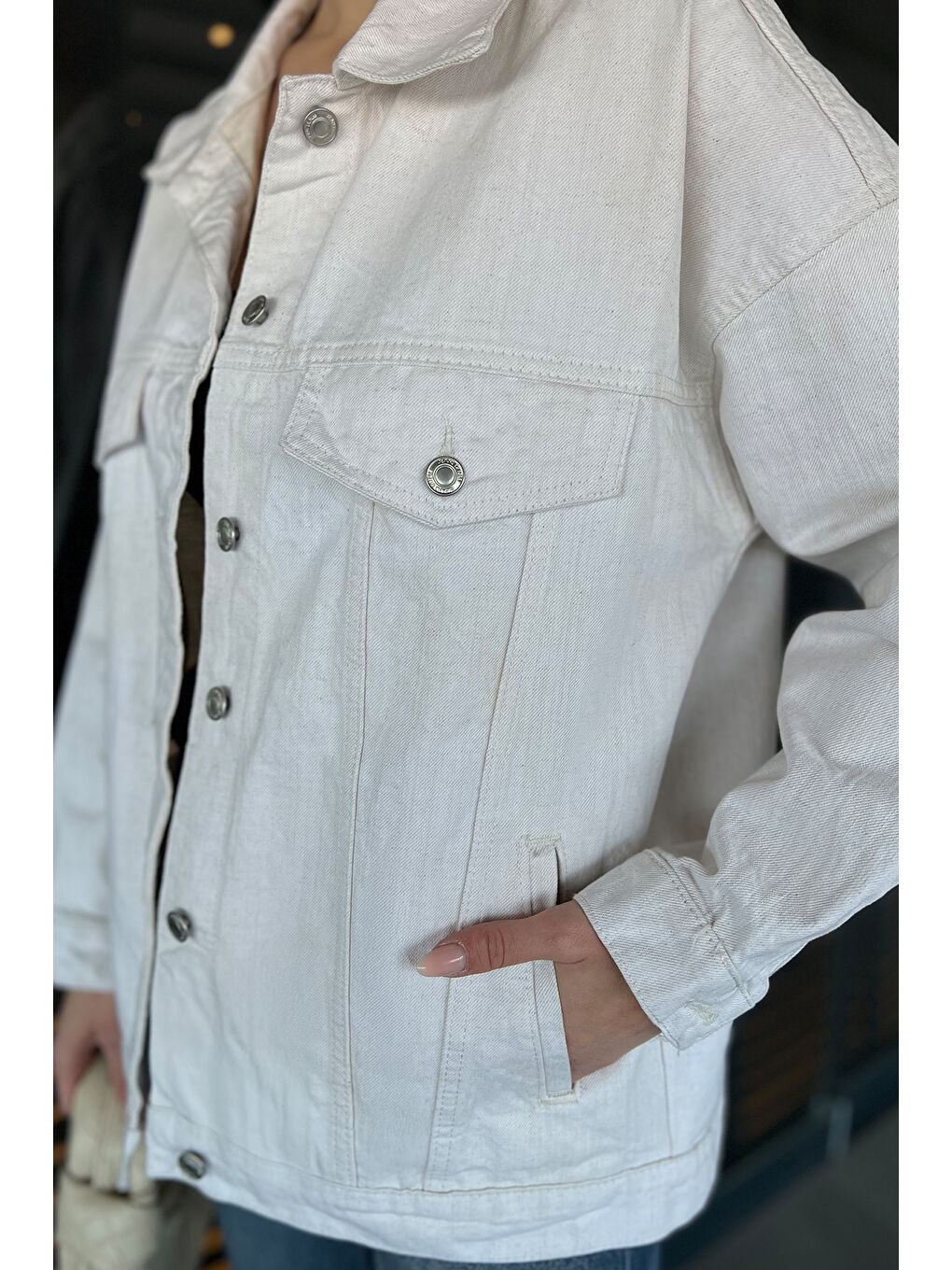 Bej Oversize Kadın Jean Ceket-2