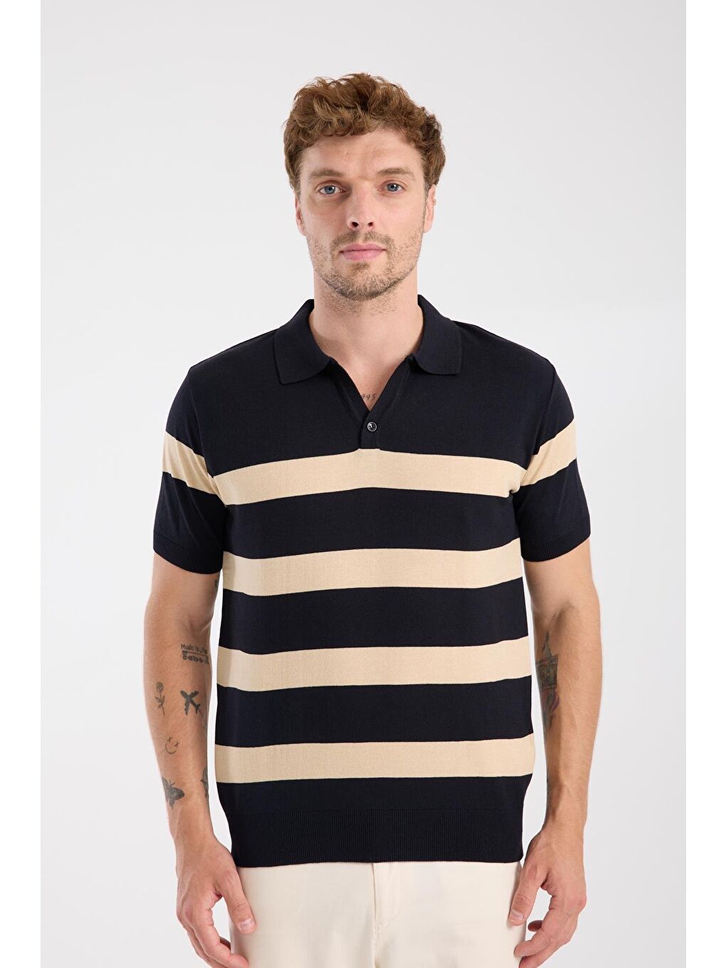 Aclub Bravo Örme Kumaş Viskon Karışımlı Slim Fit Lacivert Polo Yaka Erkek Çizgili Polo Shirt-6