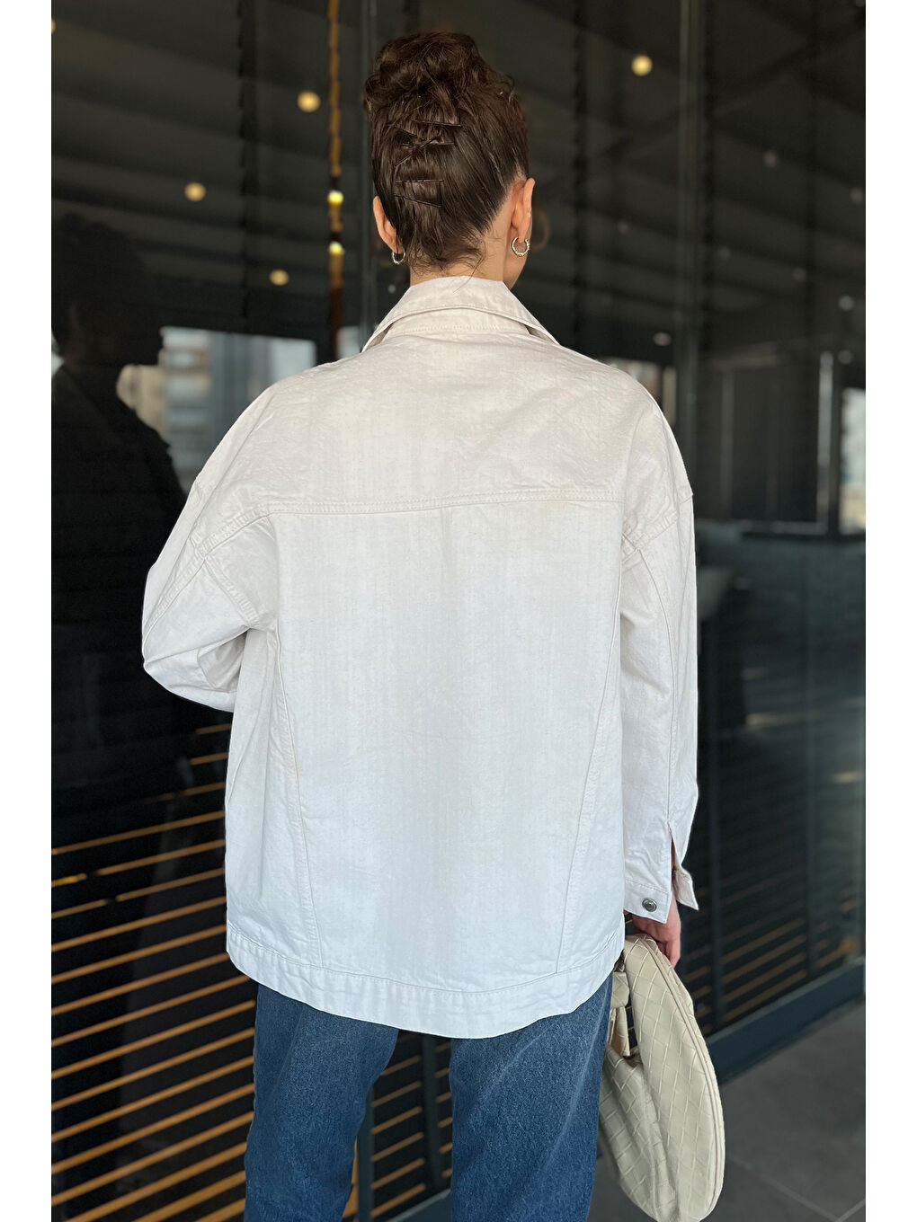 Bej Oversize Kadın Jean Ceket-3