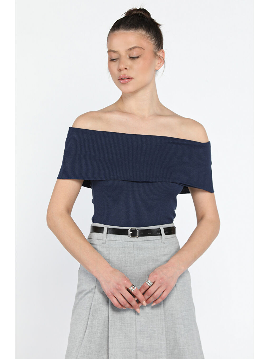 Lacivert Kadın Madonna Yaka Kaşkorse Bluz