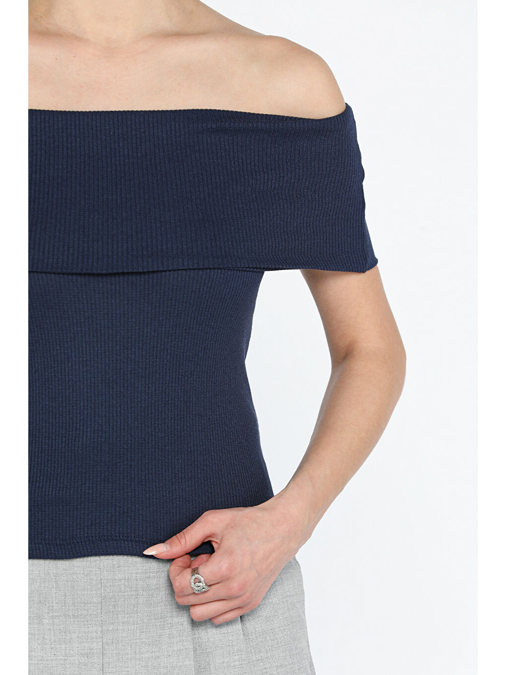 Lacivert Kadın Madonna Yaka Kaşkorse Bluz-2