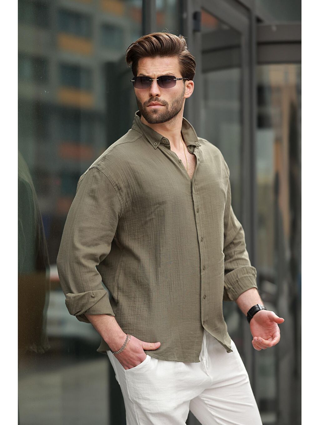 Haki Basic %100 Pamuklu Uzun Kollu Erkek Gömlek E6761