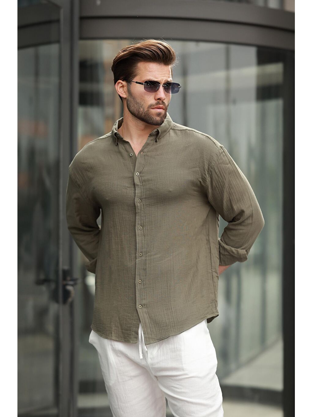 Haki Basic %100 Pamuklu Uzun Kollu Erkek Gömlek E6761-1