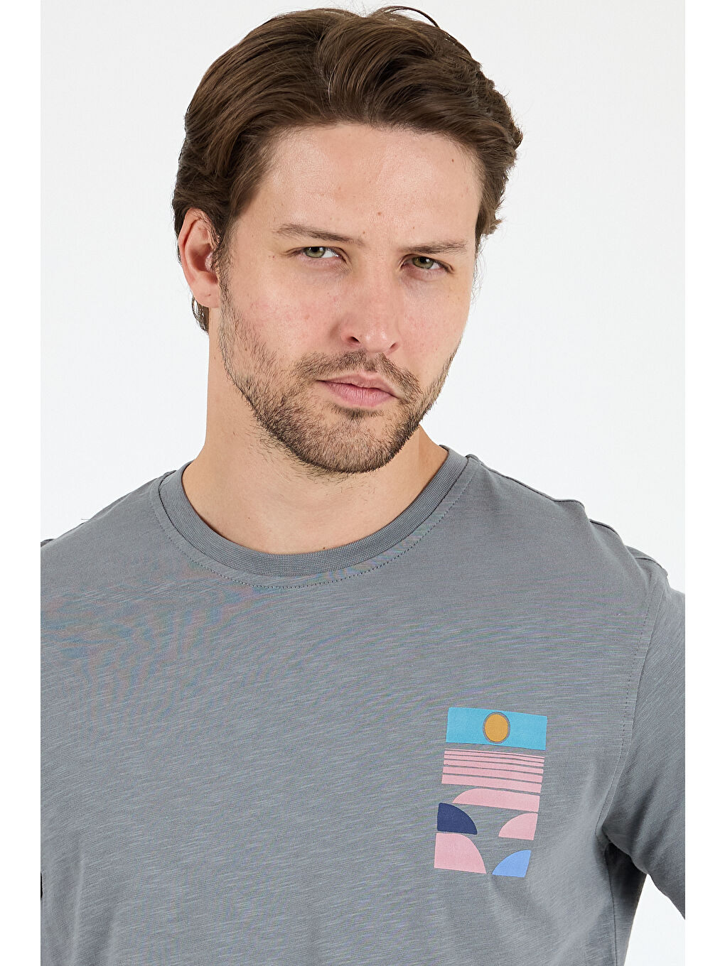 Gri Erkek %100 Pamuk Bisiklet Yaka Kısa Kollu Baskılı Tişört Rahat ve Günlük Tişört 0005-2