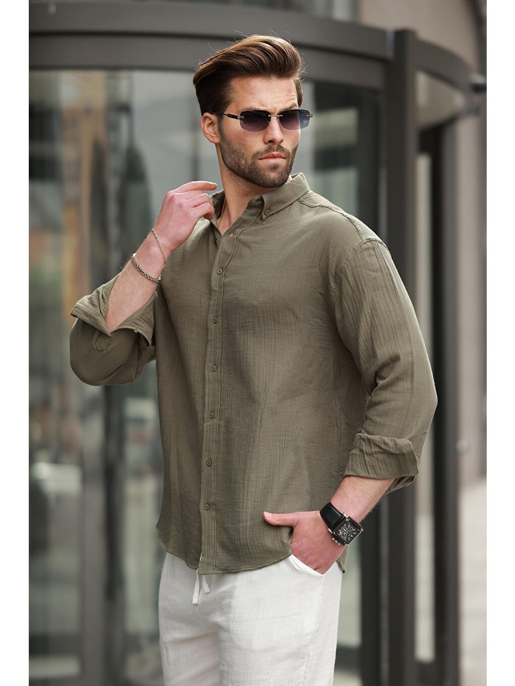 Haki Basic %100 Pamuklu Uzun Kollu Erkek Gömlek E6761-2